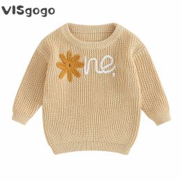 Sweaters VISgogo 024M Baby Girl Sweater Autumn Winter Clothes Flower Letter Pattern Long Sleeve Round Neck Knitwear Pullover