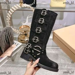 Shoes Boots Harness Belt Buckled Cowhide Leather Biker Knee Chunky Heel Zip Knight Square Toe Ankle Booties Women Luxury Designer Factory 220