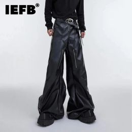Pants IEFB Men's Trouser Niche Metal Zipper Design PU Leather Wide Leg Pants Large Pockets Spliced Streetwear Trend Autumn New 9C3067