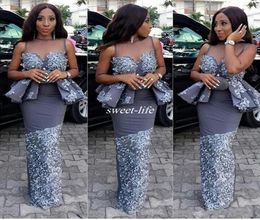 Aso Ebi Black Girls Mermaid Prom Dresses with Sheer Neck Sexy Peplum Celebrity Evening Gowns Lace Applique African Party Cocktail 5350157