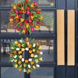 Faux Floral Greenery Tulip Wreath Front Door Beautiful Wedding Decoration Wall Hanging Spring Wreath Household Artificial Flower Festival Supplies T240422