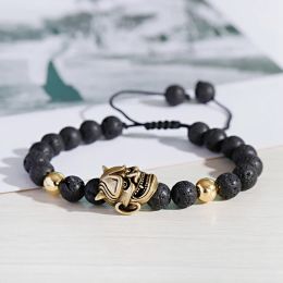 Strands Classic Lava Stone Beaded Men Bracelet Fashion Demon Skull Alloy Braided Rope Bangles Pulsera Hombre