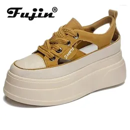 Casual Shoes Fujin 8cm Hollow Genuine Leather Breathable Summer 2024 Women Platform Wedge Chunky Sneakers Flats Leisure Mixed Color