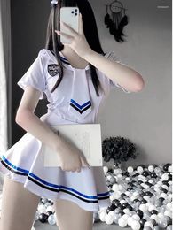 Work Dresses Summer Sexy Uniform Seduction Role Play Skirt Set Fold Thin Elastic Waist Passion Tops Romantic Charm Soft Sheer Style Fd5e