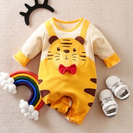 One-Pieces Spring And Autumn Boys And Girls Cartoon Embroidered Tiger Strap Cotton Long Sleeve Baby Clothing Bodysuit