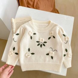 Sweaters Autumn New 03 Year Old Knitted Clothes Baby Girls Handmade Flower Embroidery Pullover Knitted Sweater Top Winter Warm Jumpers