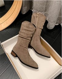 Boots Retro Long Autumn Winter Women's Fashion Pleated Design Mid-Calf British Style Trend Western Cowgirl