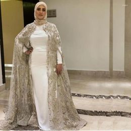 Party Dresses White Muslim Evening With Lace Jacket High Collar Long Sleeve Bead Formal Dress 2024