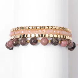 Strand 4Pcs Pink Crystal Rhodonite Stone Beaded Bracelet Natural Gold Colour Cube Beads Charm Set For Women Wristbands