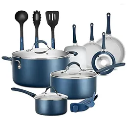 Cookware Sets Durable Nonstick Set 14-Piece Navy Blue Pots And Pans With Cool-Touch Handles