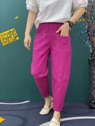 Women's Pants 2024 Spring Summer Solid Colour Pockets High Waist Loose Fit Fashion Versatile Harem Casual Seven Point Cross