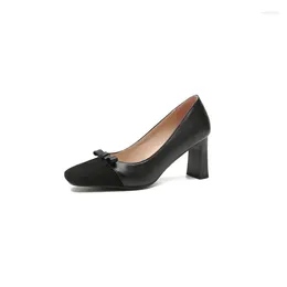 Dress Shoes Big Size Oversize Large Square Toes Thick Heel Mixed Colours Bowknot Simple And Elegant Pumps Women Womens