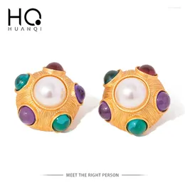 Stud Earrings HUANQI Vintage Colorful Stone C Shape Imitation Pearls Rhinestone Geometric For Women Jewelry French Retro