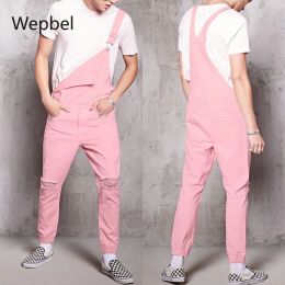 Pants WEPBEL Pink Vintage Men Jeans Jumpsuits Denim with Hole Rompers Cowboy Pants Conjoined Working Bib Denim Pants Jeans Overalls