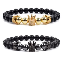 Strands Fashion Micro CZ King Queen Crown Charm Bracelets Matte Black Onyx Beads Bracelet Hematite Trendy Zirconia Accessories Jewelry