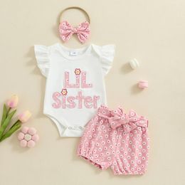 Clothing Sets Toddler Baby Girl Summer 2Pcs Set Kids Sleeve Romper And Floral Pattern Belted Shorts Bow Hairband Outfits