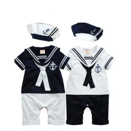 One-Pieces Baby Navy Romper Summer Newborn Kids Boys Girls Sailor Jumpsuit Hat 2Pcs Body Short Sleeve Anchor Printed Suit