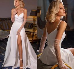 Sweet White Satin Prom Dresses Sexy A Line Spahgetti Straps Slit Evening Gowns Corset Backless Long Women Formal Occasion Robes