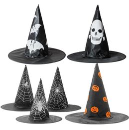 Adult Kids Witch Hat Pumpkin Spider Bat Web Skull Printed Wizard Hat Halloween Cosplay Costume Accessory Cap Party Decoration JK192256579