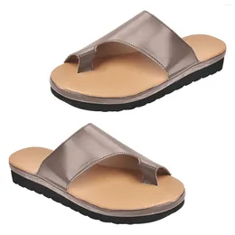 Slippers Women PU Leather Walking Toe Ring Gift Summer Beach Home Travel Solid Casual Shoes Fashion Flip Flops Wedge Slide Comfy Slipper