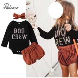Clothing Sets Infant Baby Girls Halloween Romper Outfits Long Sleeve Leopard Letter Plain Color Shorts Bow Headband 3Pcs Set