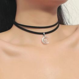 Necklaces Vintage Gothic Double Layer Black Velvet Choker Simple Geometric Moon Pendant Necklace For Women Jewelry Chocker Collares