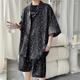 Men's Tracksuits Korean Style Ice Silk Sets Short Sleeve Shirt Shorts Printed Tops Matching Bottoms Summer Fashion Oversized Clothing