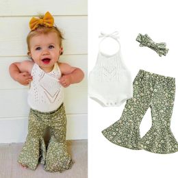 Sets FOCUSNORM 024M 3Pcs Baby Girl Lovely Clothes Sets Sleeveless Halter Knit Romper + Floral Print Flare Pants + Headband