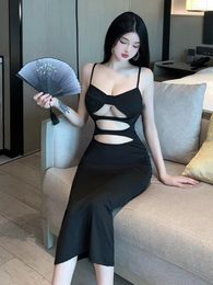 Casual Dresses Fashion Korean Women Black Robe Sweet Tops 2024 Lingerie Sexy Spicy Girl Hollowed Out Dress Slim Elegant T21V