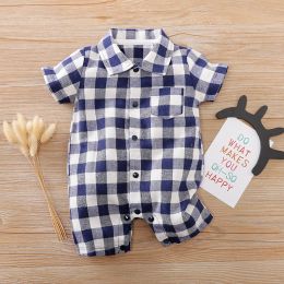 One-Pieces Summer Boys And Girls Literary Style Checkered Shirt Casual Comfortable Short Sleeve Baby Bodysuit