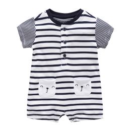 One-Pieces Infant Boys Rompers Summer Short Sleeve Jumpsuit For Newborn Baby Girls Summer Clothes Bamboo Cotton with Pockets Stripe Print