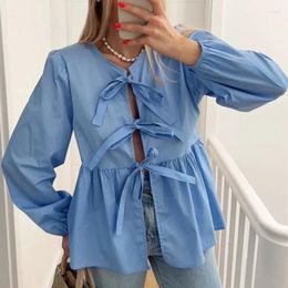 Women's Blouses Y2K Fairycore Spring Long Sleeve Loose Blouse Tees Elegant Front Tie Up T-Shirt Women Casual Daily Streetwear Vintage Tops