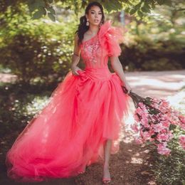 Casual Dresses Garden Coral Red Asymmetrical Tulle Bridal With Delicate Flower Appliques One Shoulder Tutu Long Maxi Gowns