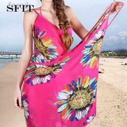 Women's Swimwear 2022 Printed Cover-ups Sexy Beach Dress Women Halter Sling Chiffon Beach Towel Bikini Wrap Pareo Skirts Open-Back Swimwear d240424