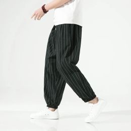 Pants Casual Striped Pants Men Harajuku Wide Leg Pants Men Loose Cotton Linen Trousers Male Black Korean Sweatpants Streetwear 5XL