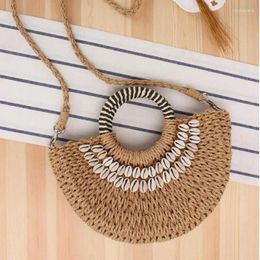 Shoulder Bags Johnature Simple Semicircle Hand Straw Woven Bag With Shell 2024 Summer Leisure Handbag Holiday Beach Women