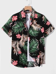 Men's Casual Shirts And Women's Summer Short Sleeve Botanical Floral Print Pattern Seaside Beach Lapel Button Up Shirt Tops