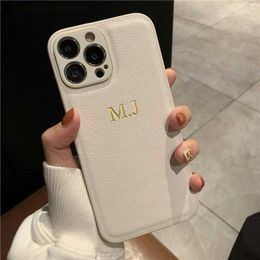 Cell Phone Cases Personalised Customised Name Case For iPhone 15 14 13 12 11 Pro Max Initials Letters Leather DIY Engraved Cover 13 14 15 Pro Max 240423