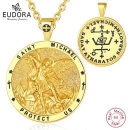 Necklaces Eudora 925 Sterling Silver St.Michael Archangel Necklace for Men Women 18K Gold Michael Christian Pendant Religious Jewelry Gift