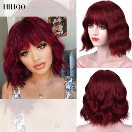 Wigs HIHOO Short Wavy Wigs Kinky Curly Wigs With Bangs For White Women Headband Wig Red Pink Natural Synthetic Hair Cosplay Lolita