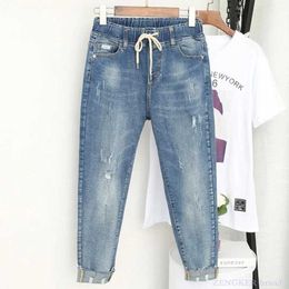 Kvinnors jeans vår sommar plus size jeans kvinnor stretch fat syster niopunkt byxor var tunna höga midjbyxor plus storlek 5xl 240423