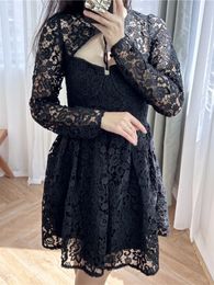 Self Portrait Summer Pure Colour Lace Dress Black Long Sleeve Round Neck Knee-Length Casual Dresses G4A2315