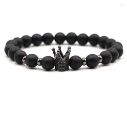 Strand Classical 8mm Matte Black Natural Stone Bead Bracelet Bangle Pave CZ 4 Colour Crown For Men&Women Handmade Charm Jewellery