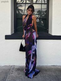 Basic Casual Dresses Backless Maxi Dress Women Sexy Purple Print Halter Bodycon Dress Summer Beach Outfits Elegant Sleeveless Club Party Dress 2022L2403