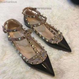 Shoes Heel Studs Valent Pump Summer New Designer v Family Shallow Mouth Mixed Flat Label Rivet Pointed Soft Sole Single