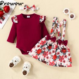 Sets Prowow Baby Girl Clothes Set Red Ribbed Romper+Suspender Bowknot Floral Dress Party Girls Outfits Autumn Winter Newborn Costume