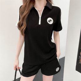 Designer Women's Tracksuits Summer Cotton Loose Casual Suit Colour blocking Lapel Zipper Short Sleeve High Waist Shorts