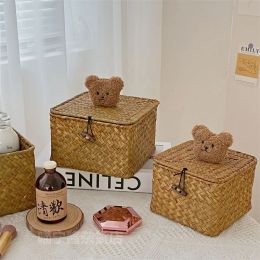 Baskets Cute Bear Rattan Woven Storage Baskets Wicker Laundry Basket Rectangular Box with Lid Sundries Organiser Home Storage Container