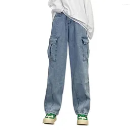Men's Jeans Stylish Couple Denim Pants Hip Hop Unisex Solid Color Streetwear Japan Style Large Pockets
