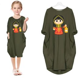 Shirts 2023 Summer Ramadan Dress Baby Girls Cartoon Leisure Dress Mommy and Me Family Matching Outfits Kids Eid Mibarak Casual Clothes